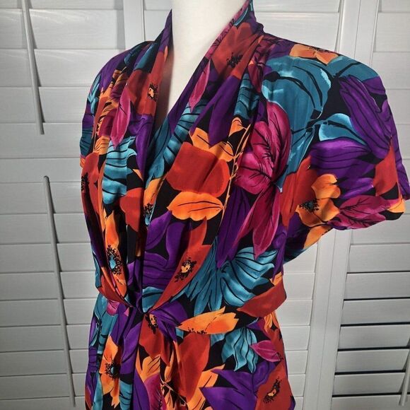 Vintage 80's Tess Dress S Bright Floral Print Blouson Turquoise Purple Sheath - Picture 9 of 12